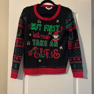 Women's Juniors Black Ugly Christmas Sweater But First Let Me Take An Elfie SZ L